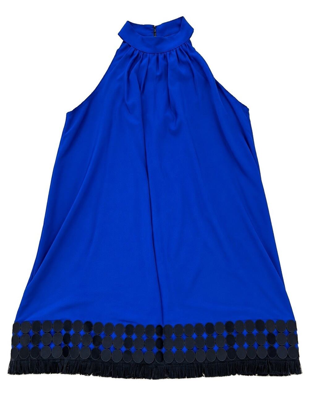 Belle Badgley Mischka Royal Blue Mock Neck Fringe Trapeze Dress Size 12